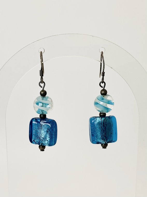 Sterling Silver Bright Blue Glass Dangle Earrings