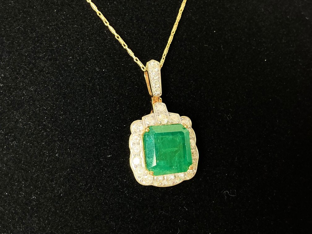 14K Gold Emerald and Diamond Pendant