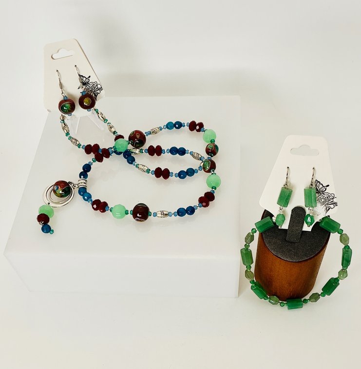 Aventurine Bracelet and Earring Set with Agate and Glass Beaded Necklace and Earring Set