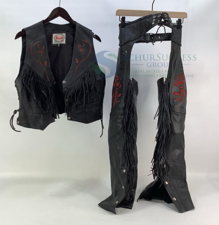 Route 66 Leather Vest and Chaps, Black with Red Roses
