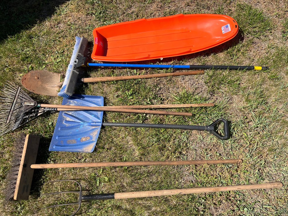 Lot of various yard tools, & sled