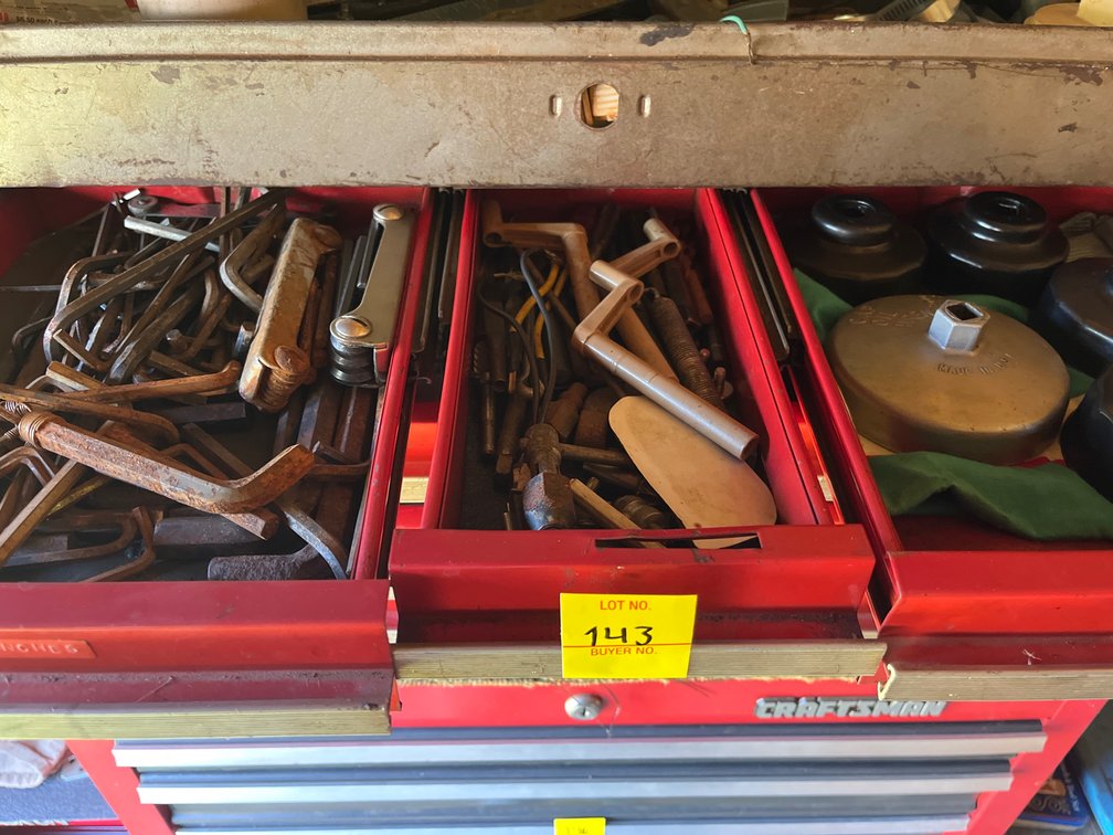 Three drawer lot of various tools including allen wrenches, miscellaneous bits, oil filter cap wrenches, & more