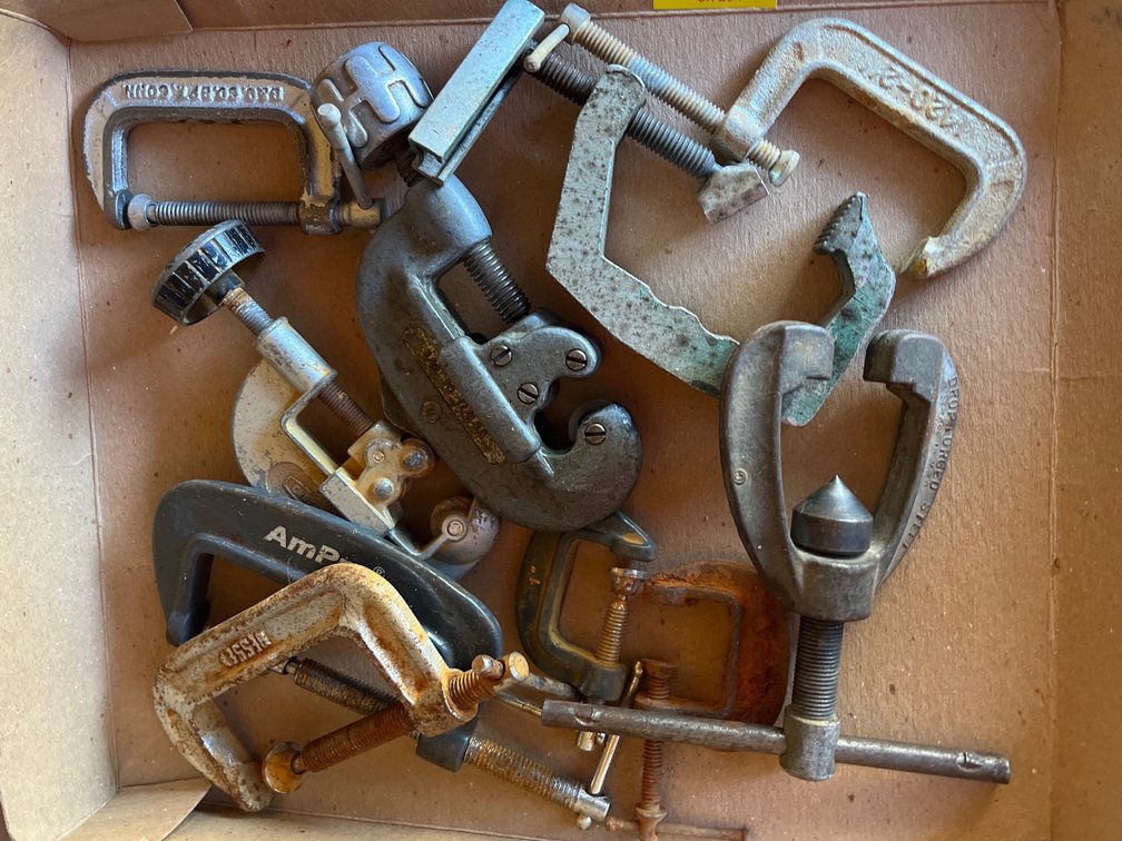 Lot of various clamps, flaring tool, pipe cutters, & more