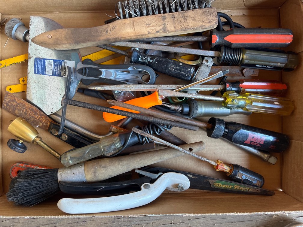 Lot of miscellaneous tools including screw drivers, wire brush, sundering iron, & more
