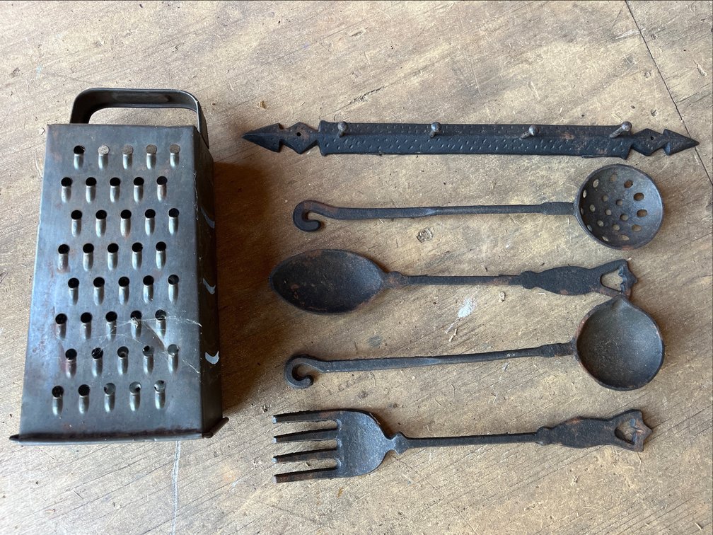 Vintage cabbage grader & antique cast iron kitchen utensils