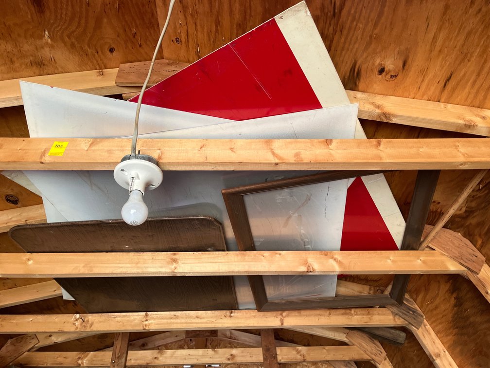 Lot of miscellaneous items including red/white tin sheets, vintage picture frame, old broom, & more