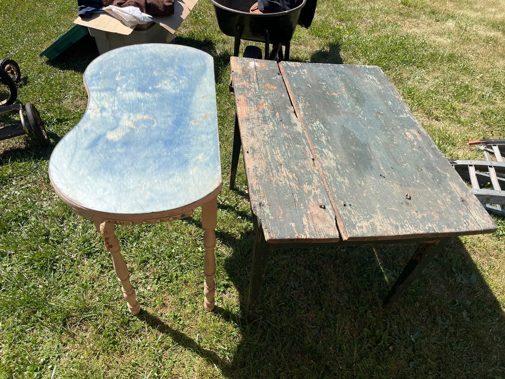 Two vintage wooden tables, one with mirror too