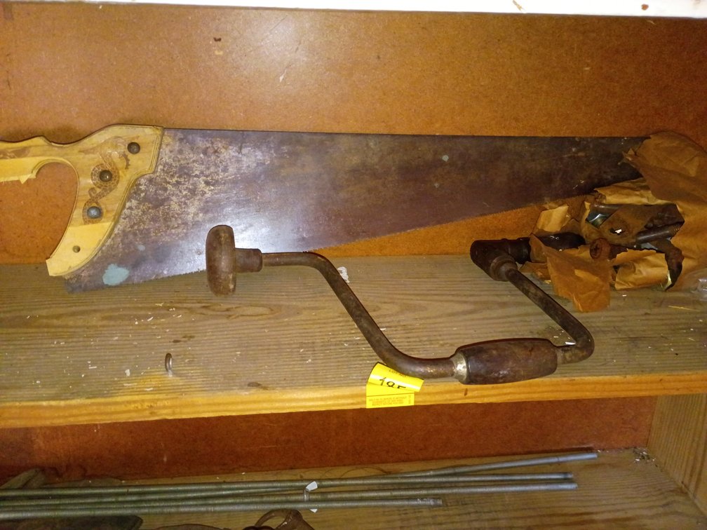 Vintage Hand drill,hand saw and hardware