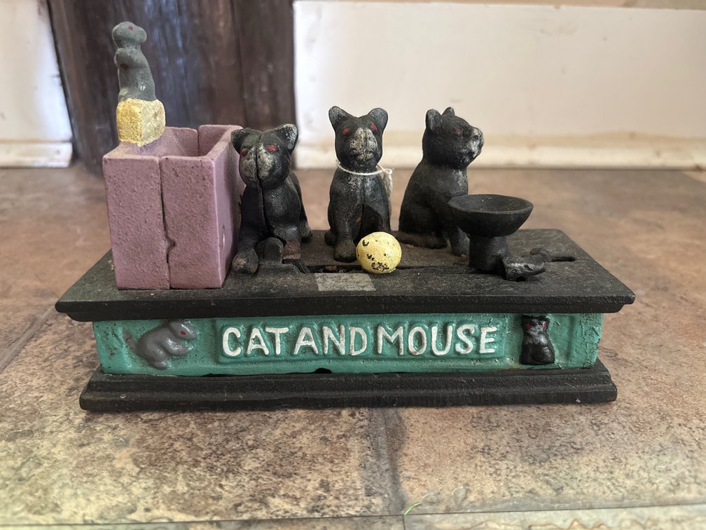 Vintage cat and mouse Cast Iron piggy bank