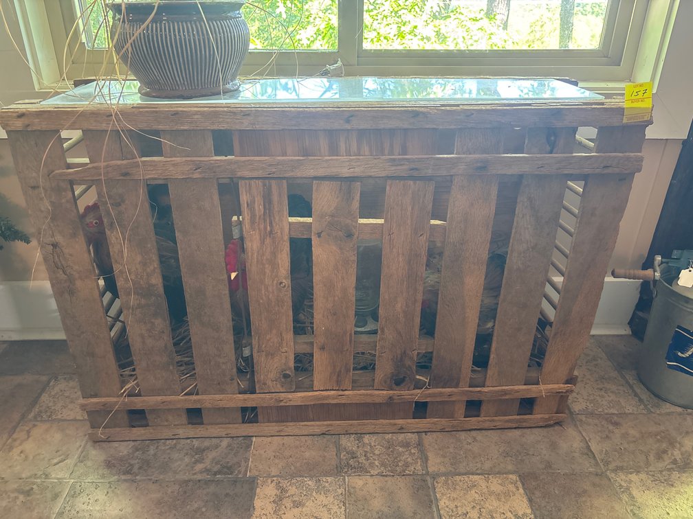 Chicken coop style table-Fake Chickens inside