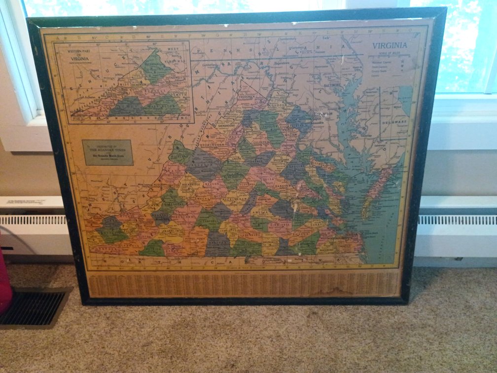 Large Vintage Framed Virginia Map