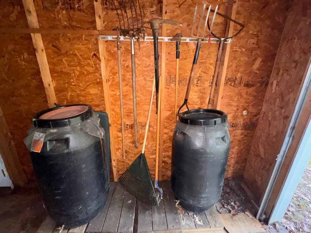 Lot of Hand Tools & (2)- 55 Gallon Plastic Drums