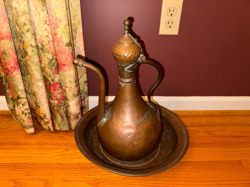 Middle Eastern copper ewer with basin