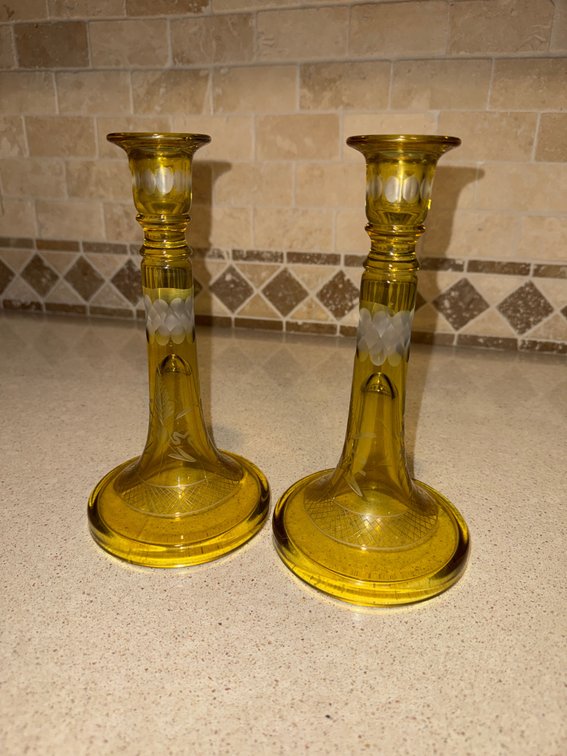 Pair of Vintage Amber Glass Etched Pair of Candle Holders
