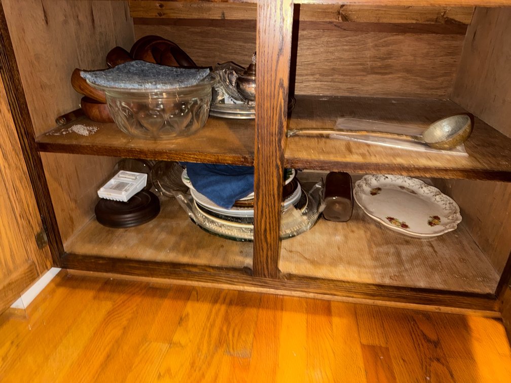 Contents of Cabinet, Glassware, Copper Laddle , & More