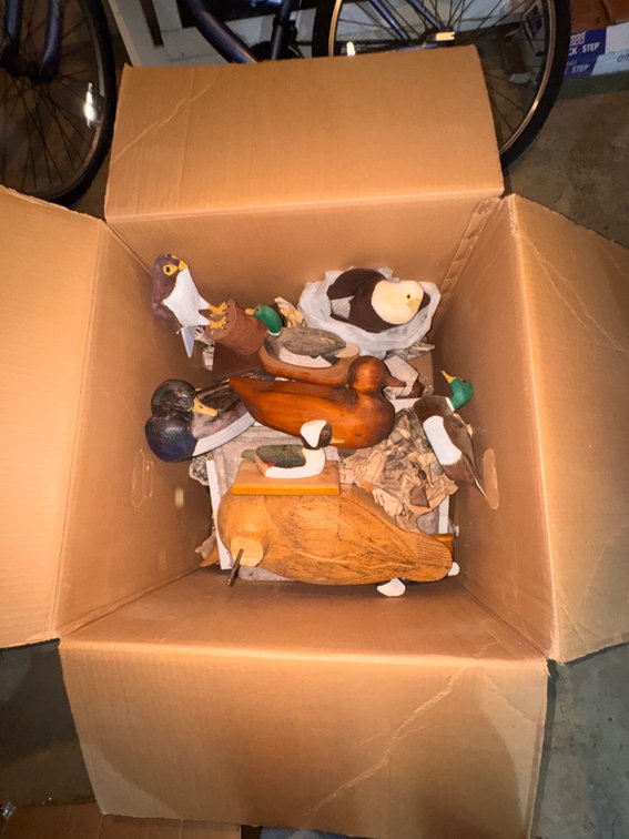 Large Box Of Wooden Ducks & Other Bird Statues