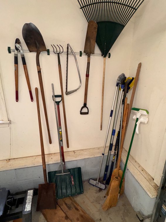 Large Lot of Hand Tools, Rakes, Shovels, Brooms, & More