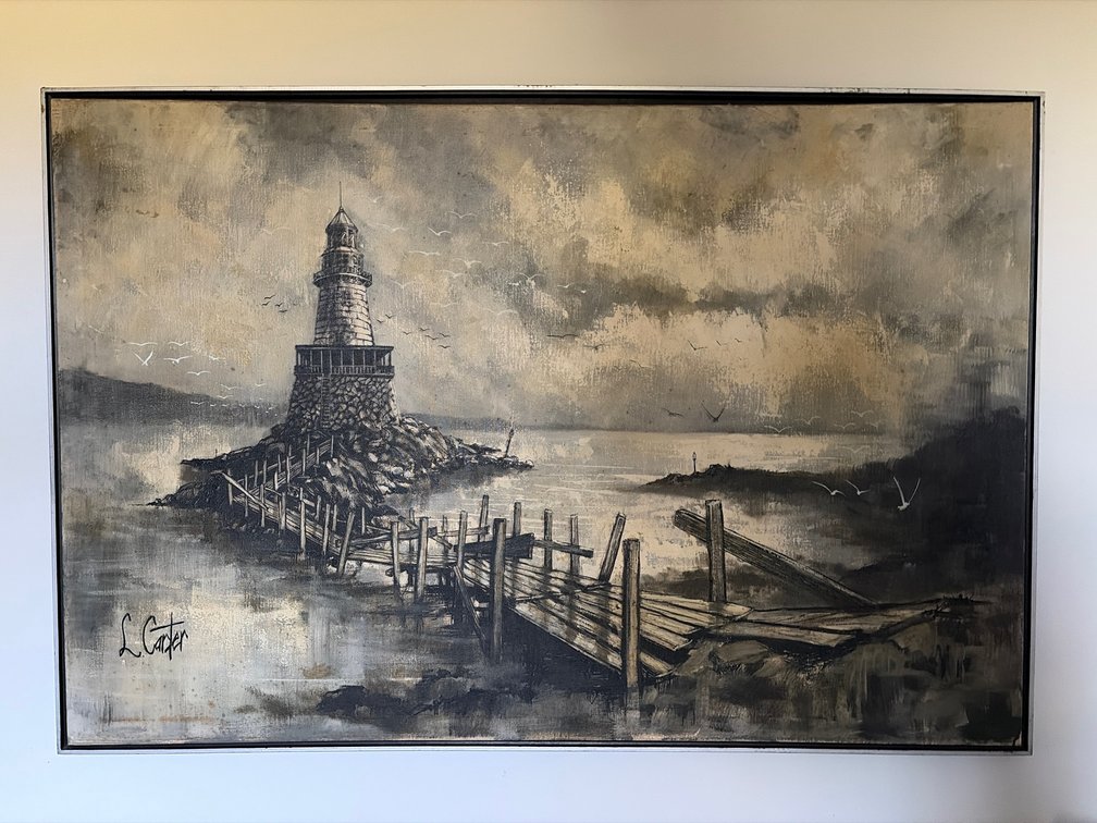 Large, Thin Framed Lighthouse Painting by L. Carter