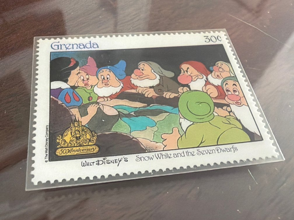 Vintage Laminated Commemorative Walt Disney Snow White & The Seven Dwarfs Postage Stamp Issued by Grenada