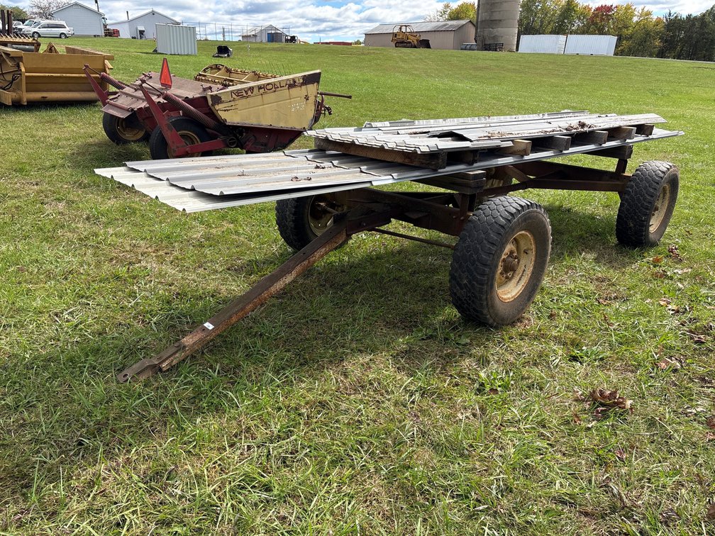 Big Blue Farm Wagon Running Gear w/ Corrugated Metal Sheets