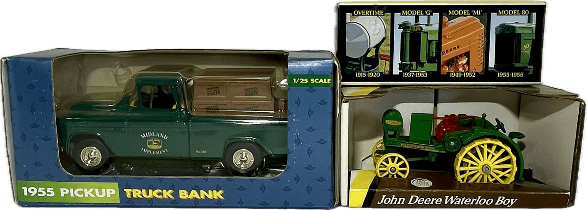 John Deere 1955 Pickup Truck Bank, Waterloo Boy Tractor, and Historical 4-Piece Toy Set