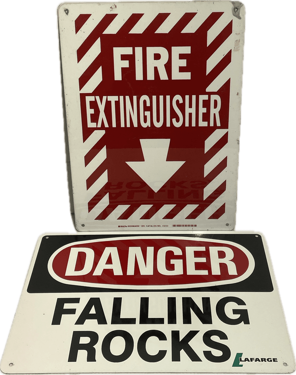 Fire Extinguisher Sign and Danger Falling Rocks Sign