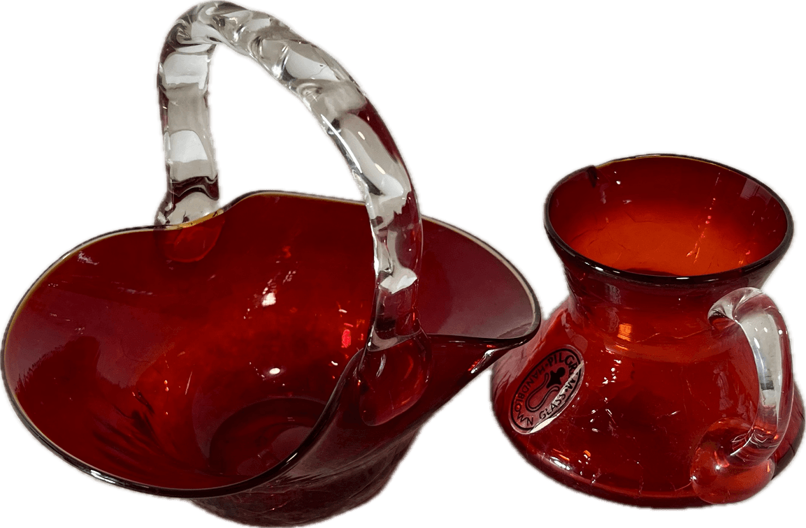 Pilgrim Handblown Glass Small Ruby Red Creamer and a Ruby Red Glass Basket