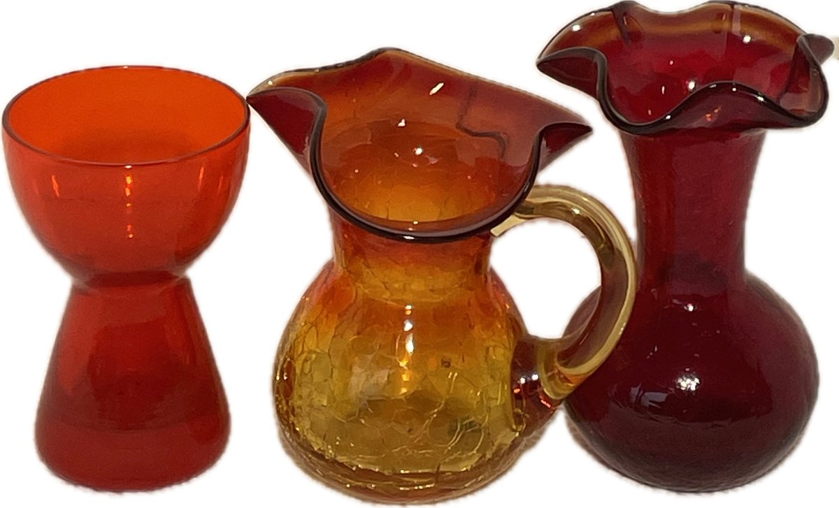 Morgantown Glass Candle Holder, Hand Blown Crackle Glass Pitcher and Hand Blown Ruby Red Vase