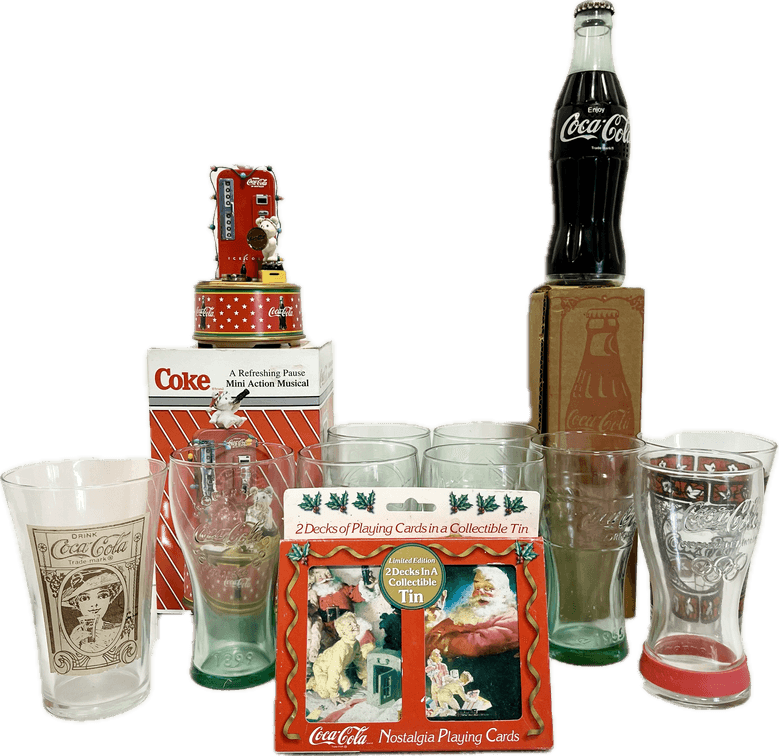 Coke Glasses, Coke Transistor Radio, Coke Mini Action Musical Box, and Coca-Cola Nostalgia Limited Edition 2 Decks in Collectable Tin