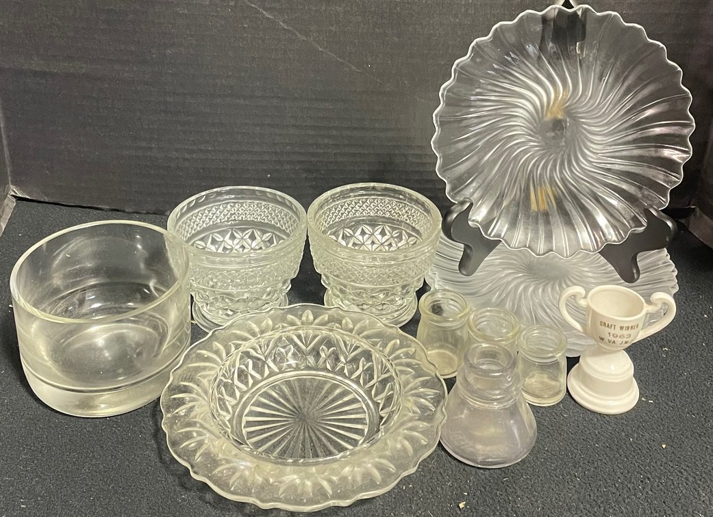 Five Glass Plates, Candy Dish, Glasses and 1963 W. VA JWC Craft Winner