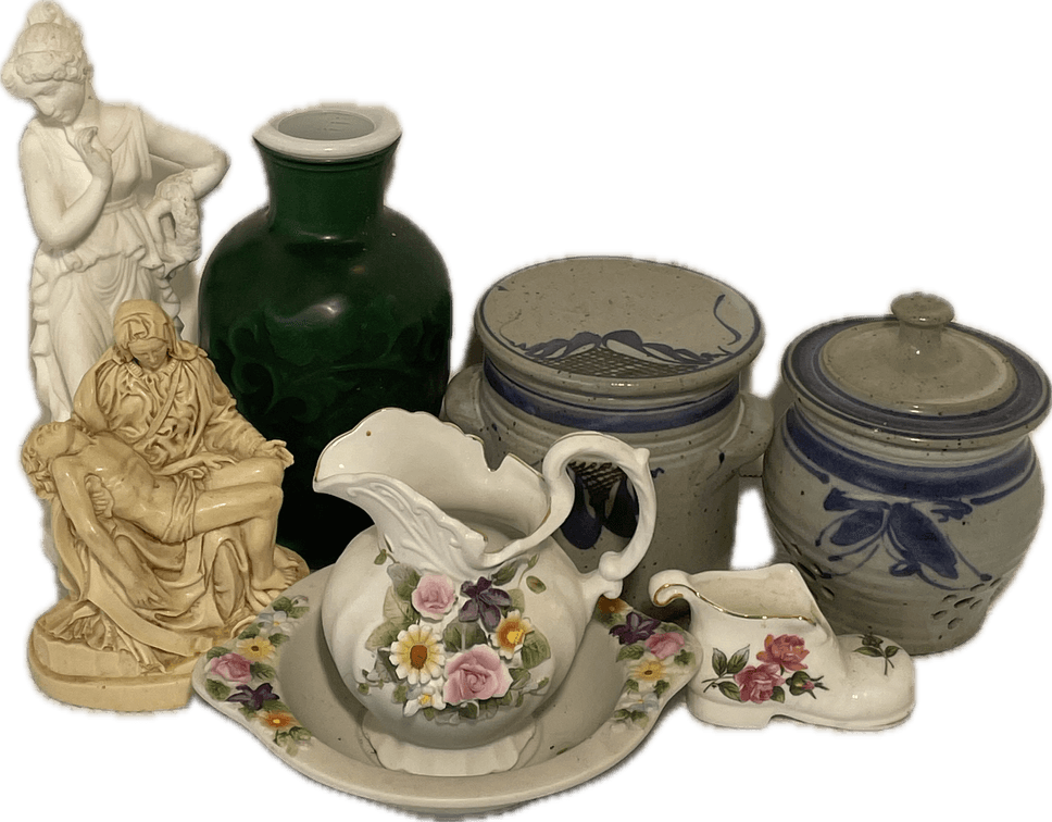 Lynn Lais French Butter Keeper, Avon Vase, Lefton Pitcher and Base and Other Items