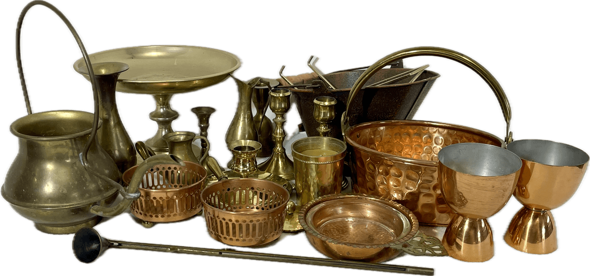 Brass Candle Holders, Brass Vase, Tin Ash Pan, Copper Basket, Plate Holders, Key Holder, Brass Ash Tray, Copper Plate Cocktail Jigger, and Brass Baskets