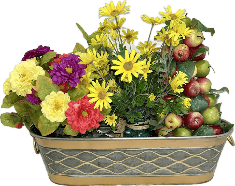 Decorative Tin Planter with Several Floral Arrangements