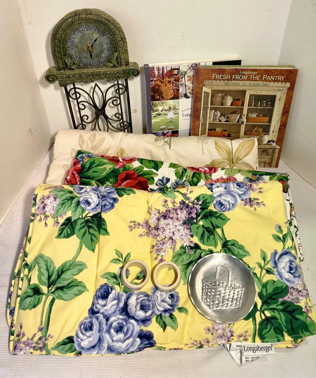 Longaberger Recipe Books, Napkin Rings, Sample Quilted Fabric Squares, Pewter Plate and Clock