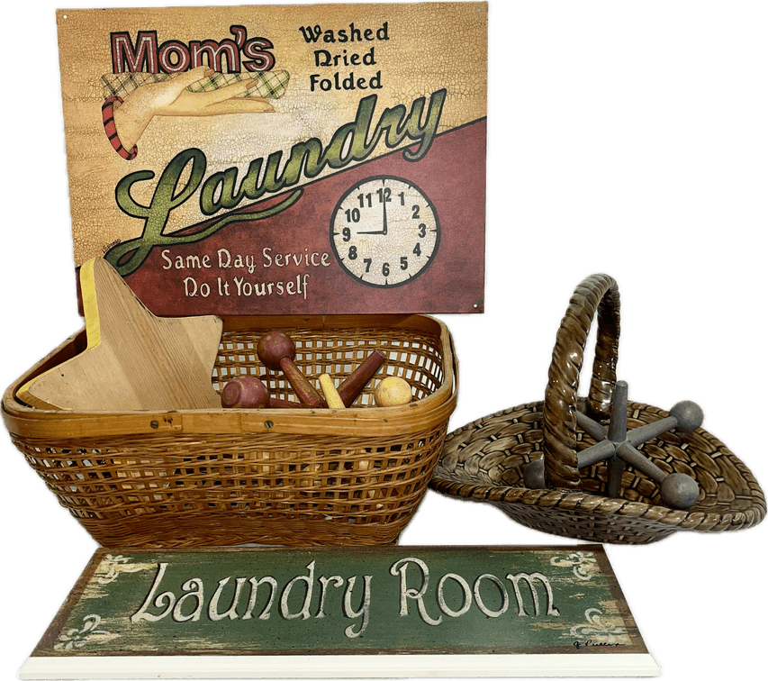 Ceramic and Wooden Baskets, Metal and Wooden Laundry Signs, and Wooden Jacks.