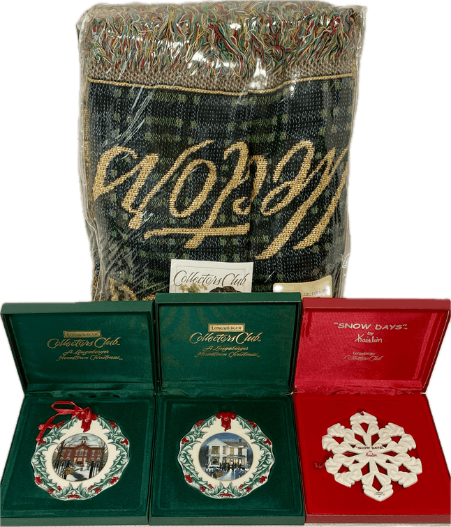 Longaberger Collector’s Club 1996, 1997 and 2000 Ornaments and 1999 Collector’s Club Cotton Throw