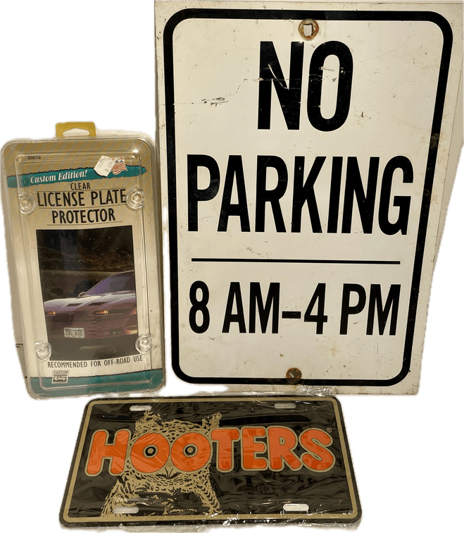 No Parking Sign, Hooters License Plate and Plate Protector