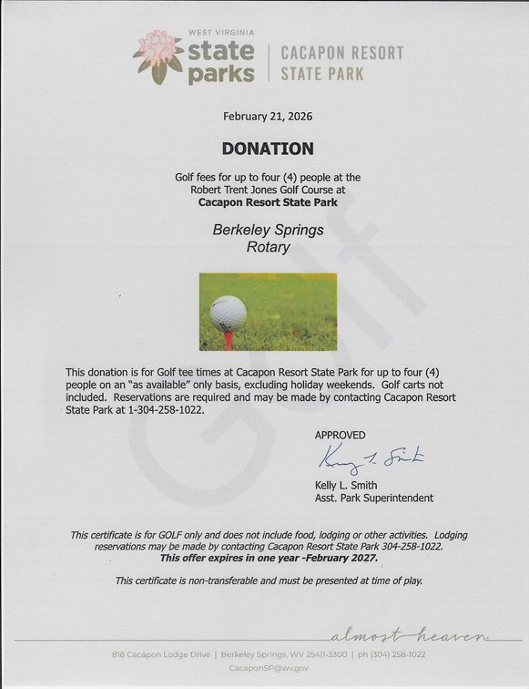 Gift Certificate for golf fees for up to four people at the Robert Trent Jones designed golf course at Cacapon Resort State Park; Donated by Cacapon Resort State Park