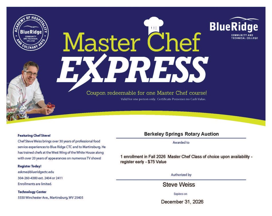 Gift Certificate for 1 enrollment in Fall 2026 Master Chef Class featuring Chef Steve Weiss at Blue Ridge Community and Technical College; Donated by Blue Ridge Community and Technical College