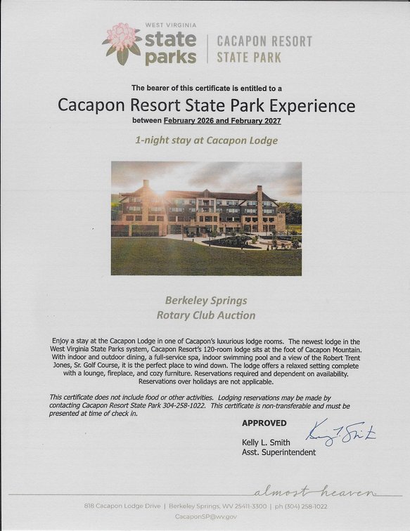 Gift Certificate for one-night stay at Cacapon Lodge at Cacapon Resort State Park; Donated by Cacapon Resort State Park