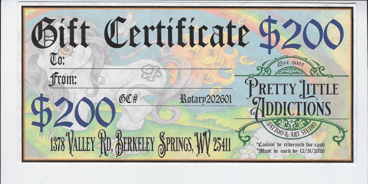 $200 Gift Certificate to Pretty Little Addictions Tattoo & Art Studio; Donated by Pretty Little Addictions Tattoo & Art Studio