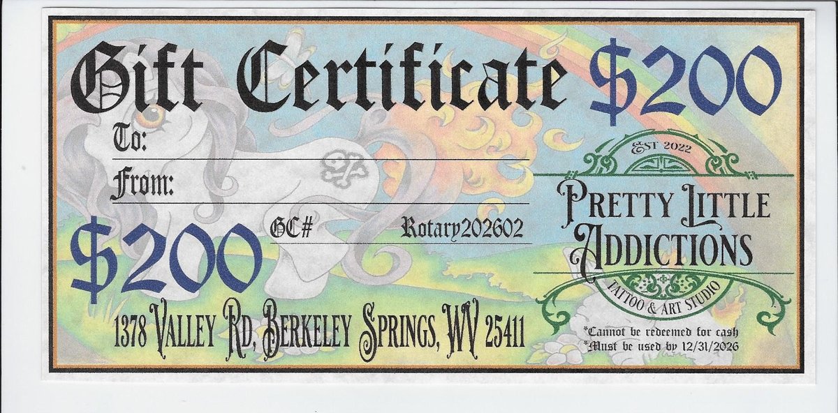 $200 Gift Certificate to Pretty Little Addictions Tattoo & Art Studio; Donated by Pretty Little Addictions Tattoo & Art Studio