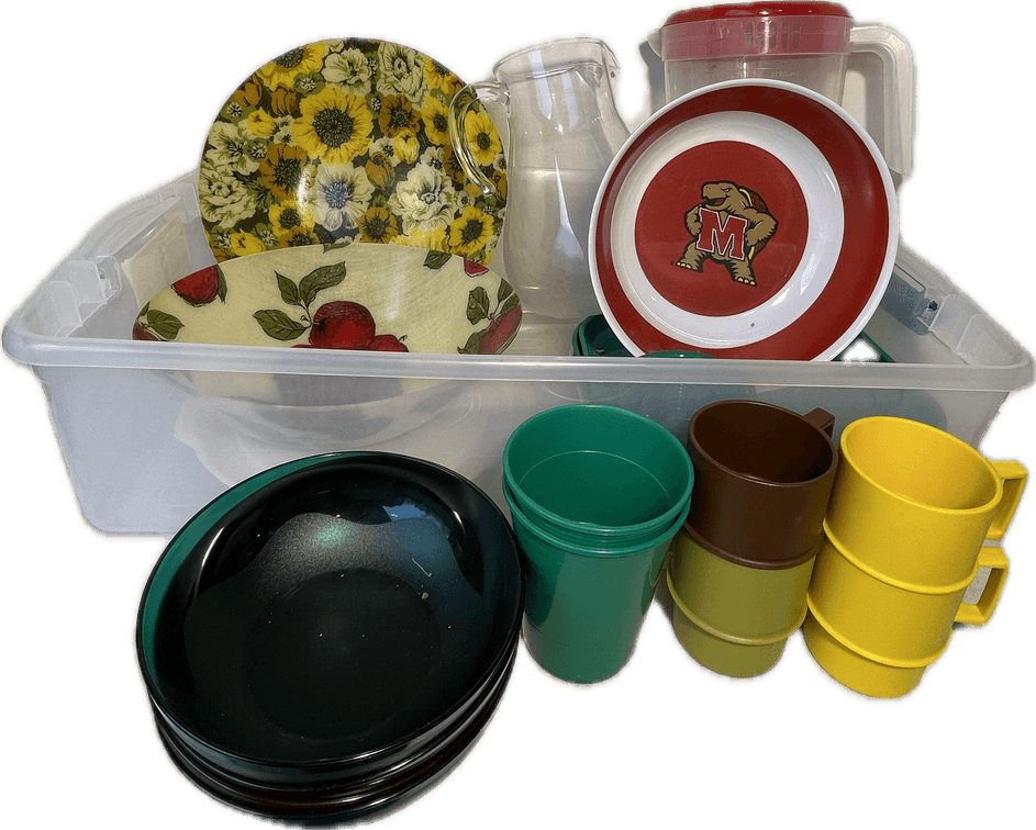 Tote with Tupperware Cups, Maryland Bowl, Pitchers and Bowls
