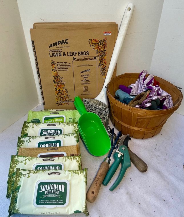 Ampac Lawn and Leaf Bags, Solu-Gard Wipes, Gardening Gloves, Gardening Tools and Basket