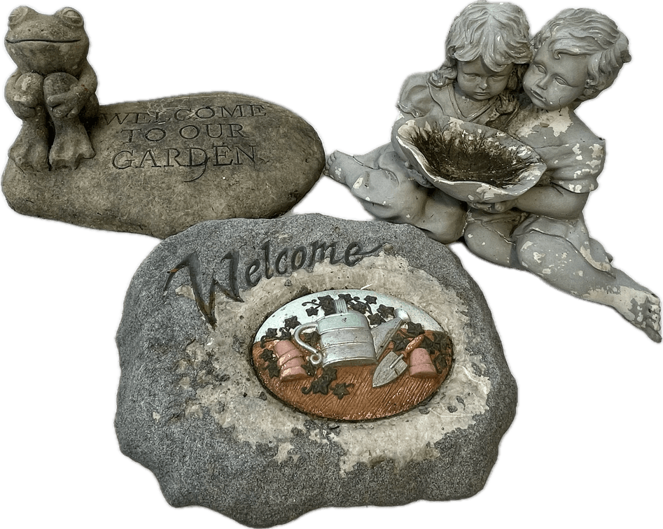 Welcome Stone, Two Girls and Welcome to Our Garden