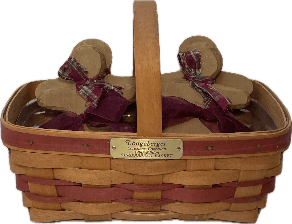Longaberger Christmas Collection 1990 Edition Gingerbread Basket with Protector and 4 Wooden Gingerbread Figures