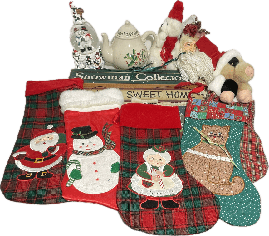 The San Fransisco Music Box Snow Globe, Christmas Tea Kettle, Christmas Stockings and Signs
