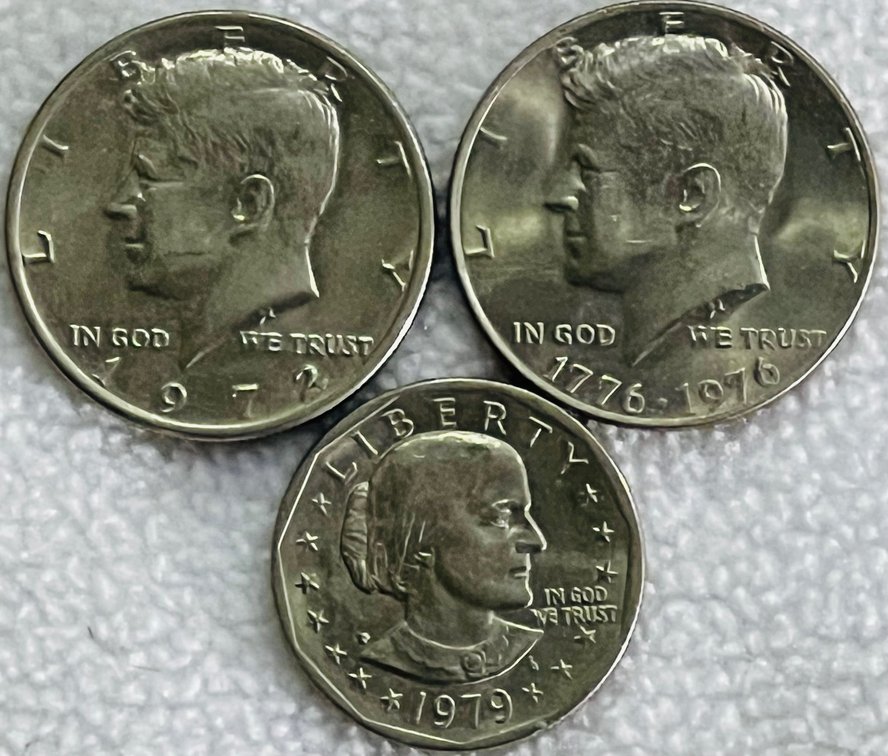 1972, 1976 Bicentennial Kennedy Half Dollars and 1979 Susan B. Anthony Dollar