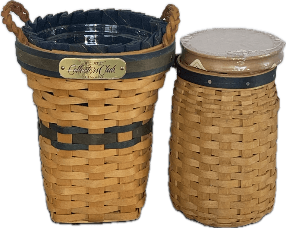 Longaberger 2001 Collector’s Club Members Basket with Liner and Protector and 2003 Blue Ribbon Jar Basket with Protector