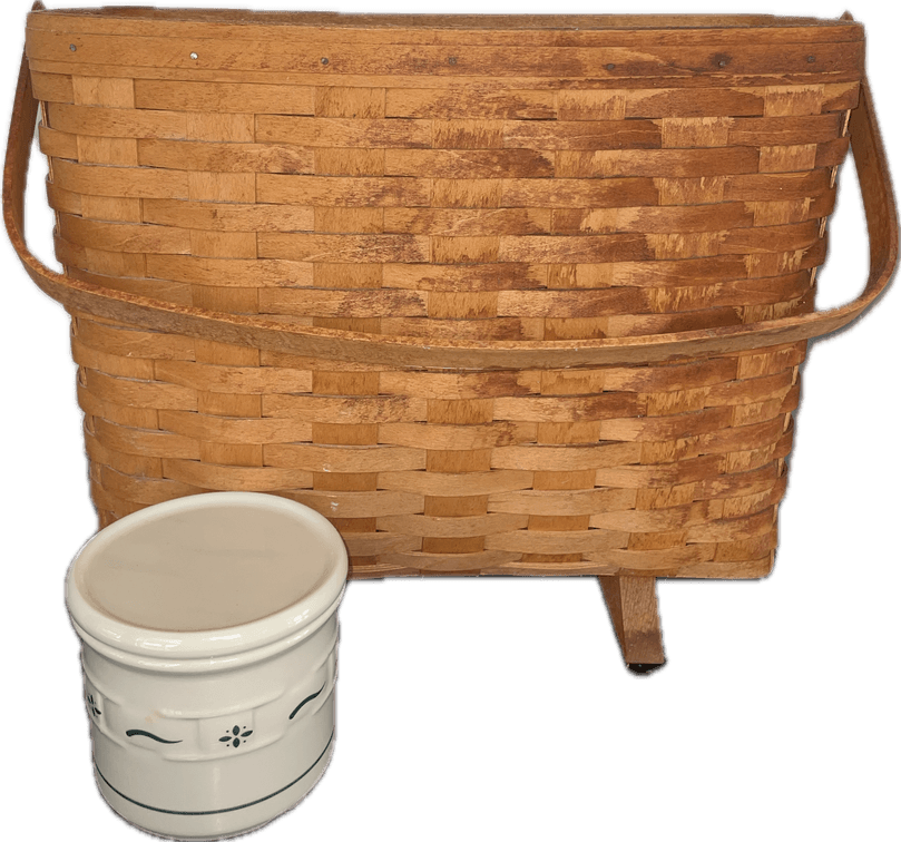 Longaberger 1994 Magazine Basket with Stain Damage and Pottery Candle